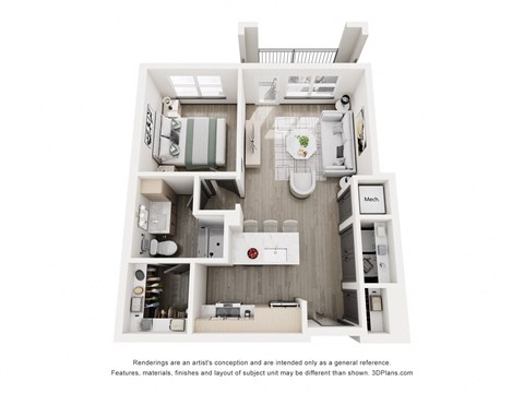 Floor plan for 1 bed, 1 bath, 682 sqft